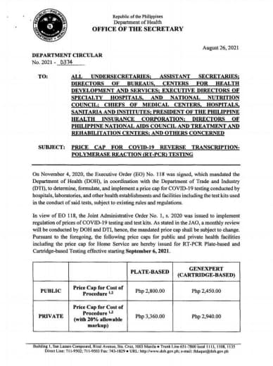 菲律宾卫生部公布新冠检测价格上限最高为3360菲币
