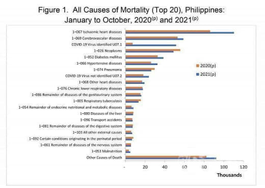 菲律宾统计局(PSA)周一公布2021年前十个月菲律宾人的十大死因，排...