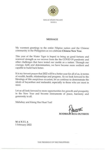 当地时间2月1日，菲律宾总统杜特地发表春节贺词，祝愿菲律宾全体人民以及...