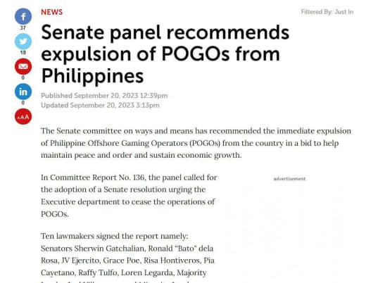 重磅参议院小组建议将网络博彩公司驱逐出菲律宾参议院小组建议将网络博彩公...