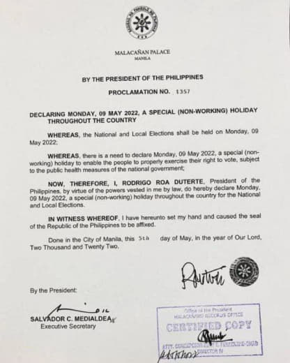 菲律宾总统杜特地周四宣布5月9日为特别非工作假日，以允许菲律宾公民行使...