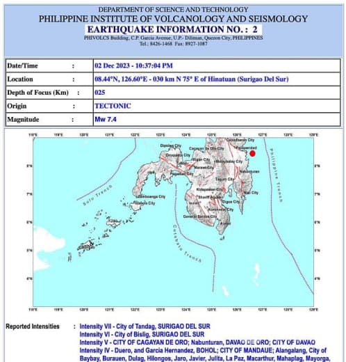 菲棉兰佬岛东部外海发生7.4级强震，引发小规模海啸