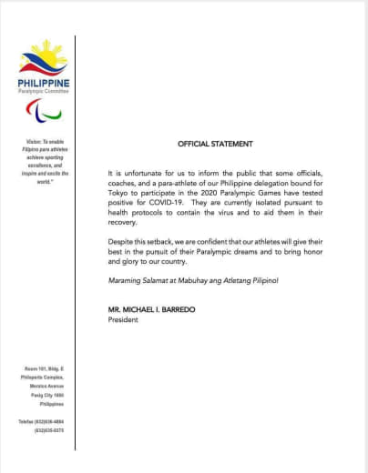 据菲律宾残奥委员会称，几名官员、教练和一名将代表菲律宾参加东京残奥会的...