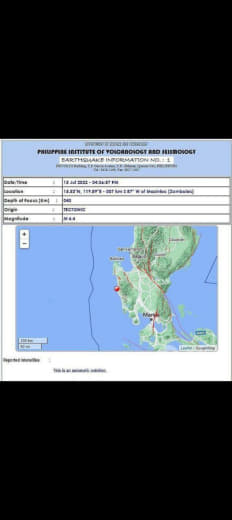 菲律宾三描礼斯省外海发生4.4级有感地震首都区略有震感