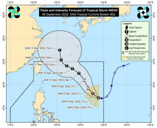 截至周四早上4点，热带风暴“恩黛”(菲律宾名：Inday)位于吕宋岛中...