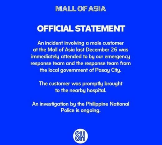 12月26日在亚洲SM购物中心发生一起涉及一名男性客户的事件,我们的应...
