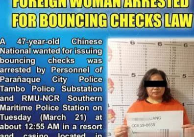 菲律宾南警区(SPD）4月1日报告称，一名中国女子因签发空头支票被巴兰...