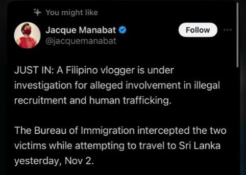 菲律宾网红博主疑涉人口贩运行为被调查