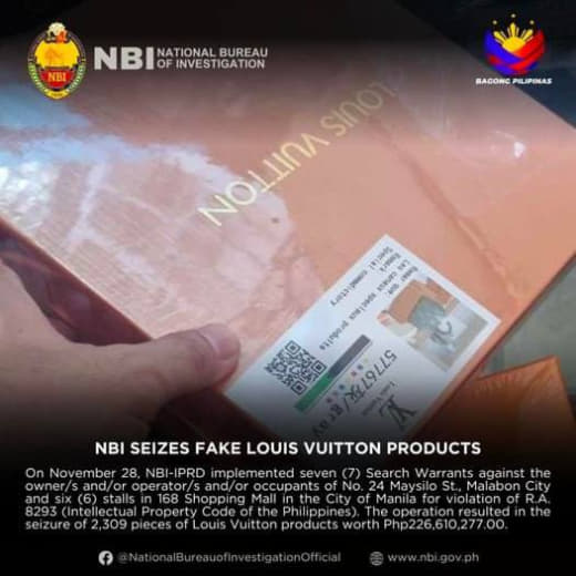 菲律宾国调局查获2.2亿假冒LV产品