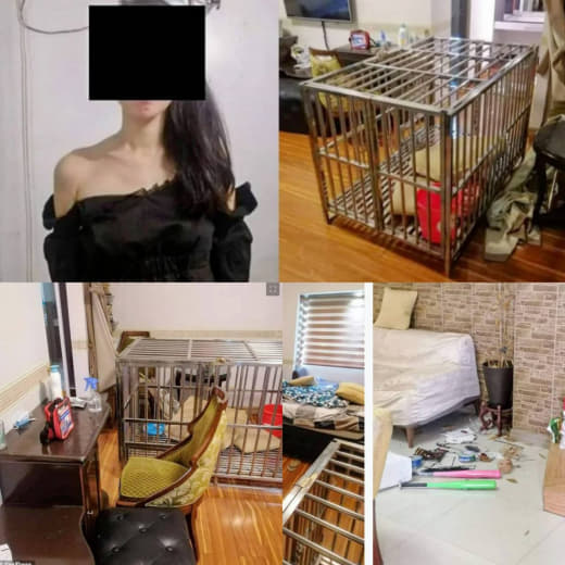 一中国美女被，被关狗笼20天凌虐，索要赎金20万