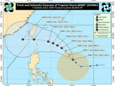 菲律宾气象局周日早晨报告称，热带风暴“珍妮”已经形成预计下周将开始影响...