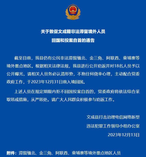 浙江文成警方通告：名单上的人请在12月31日之前回国！